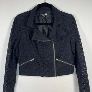 Forever 21 Black Lace Moto Jacket, Women's Size L- Cropped Sheer Sleeves